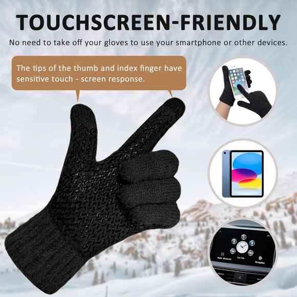 Men's Black Winter Warm Fleece Lined Anti Slip Knit Touch Screen Gloves - Picture 4 of 6